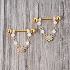 14G 5/8 Clear Gem Gold Tone Dainty Flower Dangle Nipple Ring Set