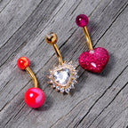 Clear Gem Gold Tone Pink UV Glow Heart Belly Ring Set of 3