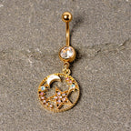 Clear Aurora Gem Gold Tone Circle Star Moon Dangle Belly Ring