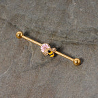 14G Pink Clear Gem Gold Tone Bee Blossom Industrial Barbell 38mm