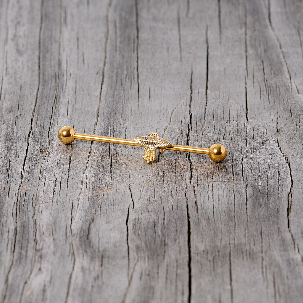 14G Clear Gem Gold Tone Alien UFO Beam Industrial Barbell 38mm