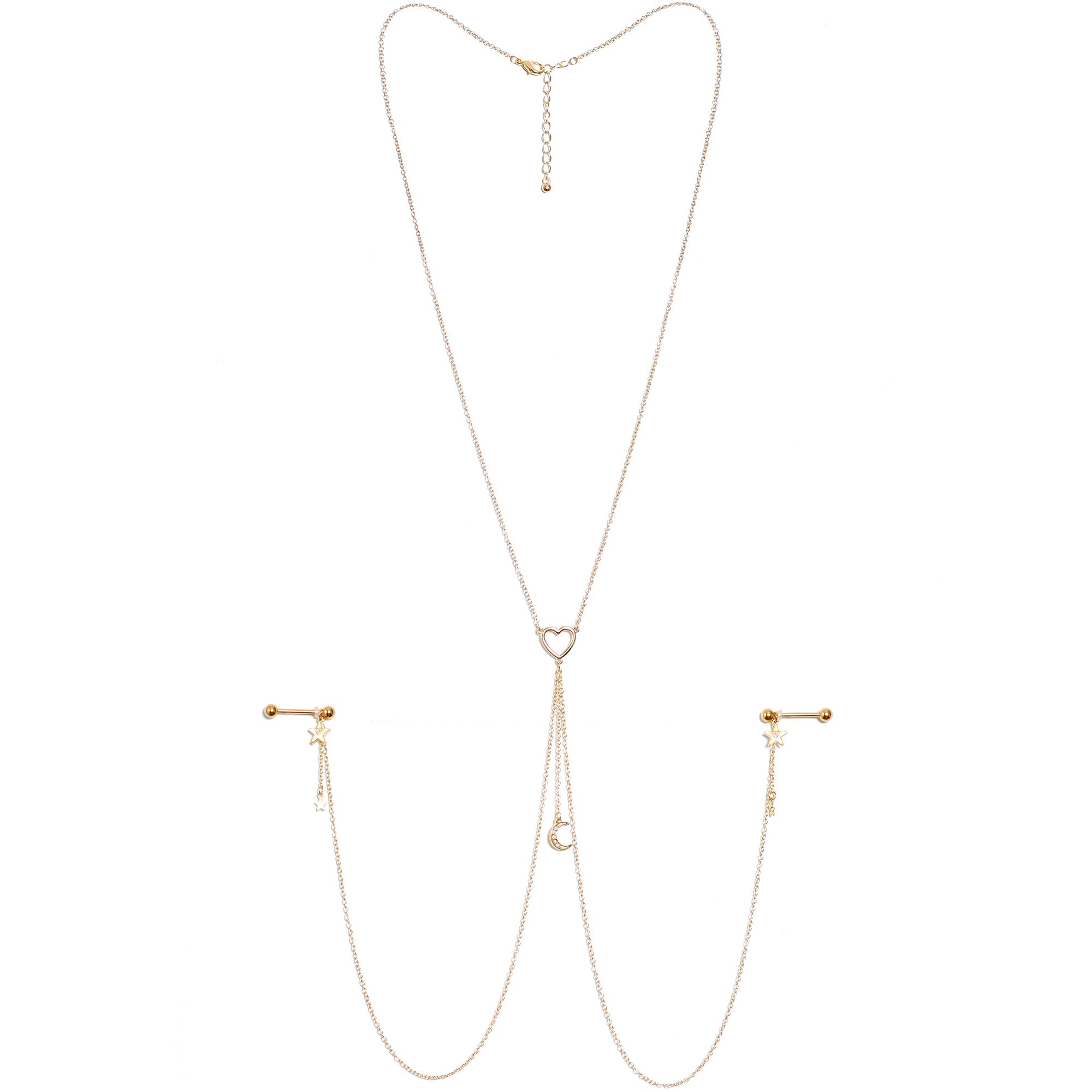 14G 5/8 Aurora Gem Gold Tone Heart Star Nipple Chain Necklace