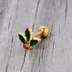 16G 1/4 Red Gem Gold Tone Mistletoe Christmas Cartilage Tragus