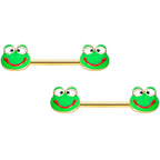 14G 9/16 Gold Tone Green Goofy Frog Barbell Nipple Ring Set