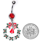 Red Gem Holiday Bell Wreath Christmas Dangle Belly Ring