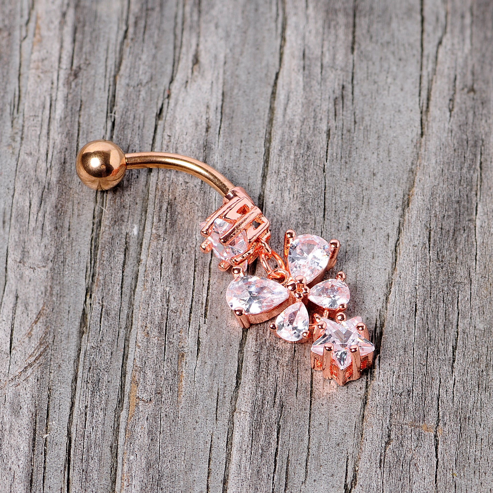 Clear Gem Rose Gold Tone Star and Bow Dangle Belly Ring