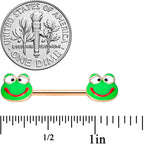 14G 9/16 Rose Gold Tone Green Goofy Frog Barbell Nipple Ring Set