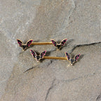 14G 9/16 Pink Gem Gold Tone Bat Halloween Barbell Nipple Ring Set