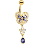 Clear Purple Gem Gold Tone Lacy Butterfly Flower Drop Dangle Belly Ring