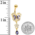 Clear Purple Gem Gold Tone Lacy Butterfly Flower Drop Dangle Belly Ring
