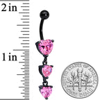 Pink CZ Gem Black Triple Heart Dangle Belly Ring