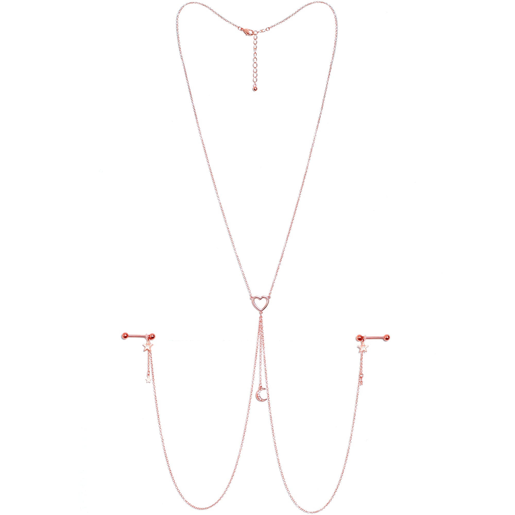 14G 5/8 Aurora Gem Rose Gold Hue Star Moon Nipple Chain Necklace