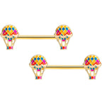 14G 9/16 Gold Tone Red Hot Air Balloon Barbell Nipple Ring Set