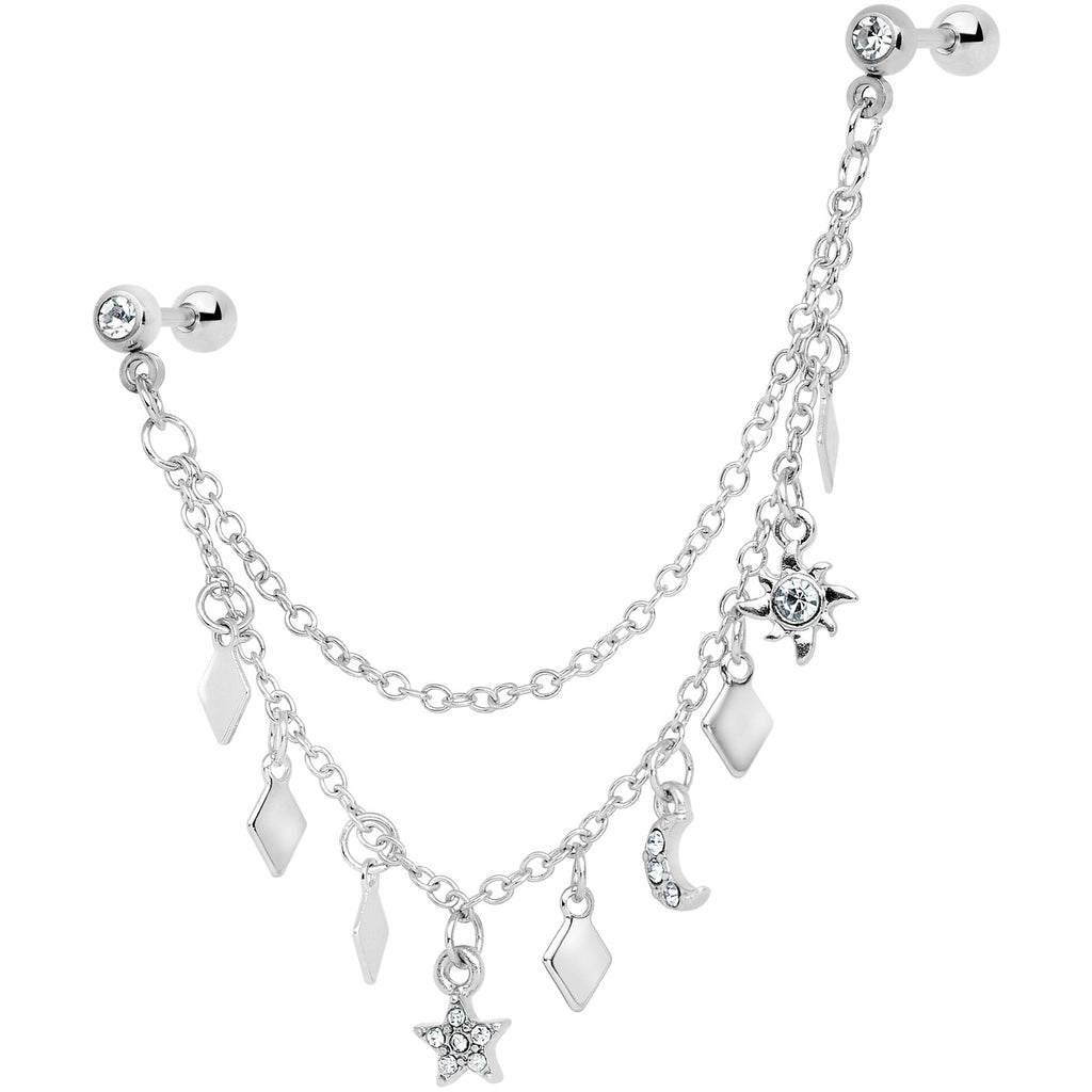 16G 1/4 Clear Gem Moon Star Sun Dangle Cartilage Chain Earring