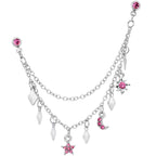 16G 1/4 Pink Gem Moon Star Sun Dangle Cartilage Chain Earring