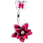 Clear Gem Pink Flower Butterfly Double Mount Belly Ring
