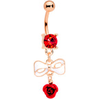 Red Gem Rose Gold Tone Bow Rose Flower Dangle Belly Ring