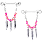 14G 1/2 Pink Peach Bead Feather Dangle Nipple Ring Set