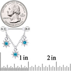 14G 1/2 Aqua Gem Trio Stars Chain Dangle Nipple Ring Set