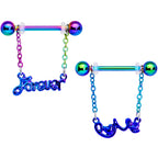 14G 18mm Rainbow Love Forever Chain Dangle Nipple Ring Set