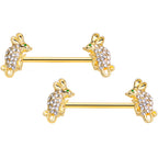 14G 9/16 Clear Aqua Gem Gold Tone Mouse Barbell Nipple Ring Set