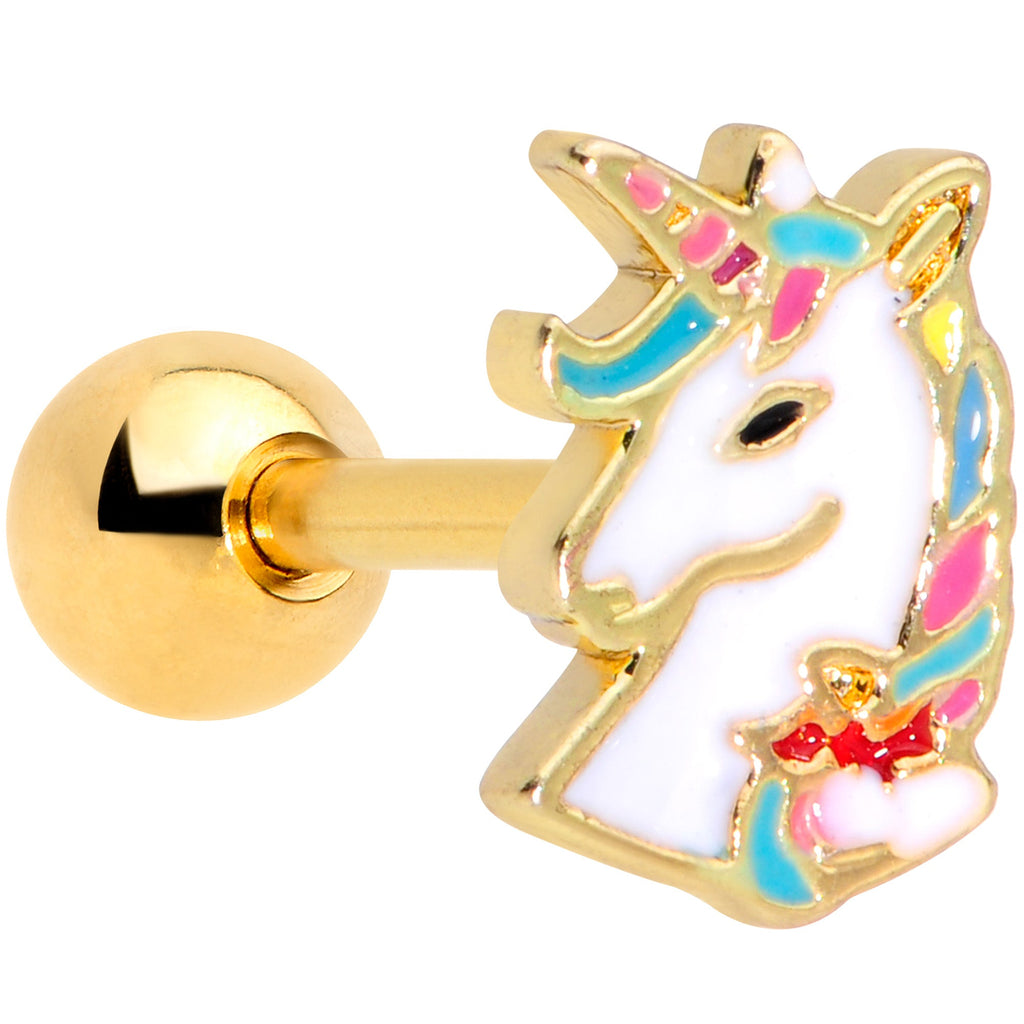 16G 1/4 Gold Tone Rainbow Unicorn Cartilage Tragus Earring