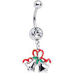 Clear Gem Gold Tone Green Bow Christmas Dangle Belly Ring Set of 3