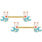 14G 9/16 Gold Tone Blue Star Cat Mermaid Barbell Nipple Ring Set