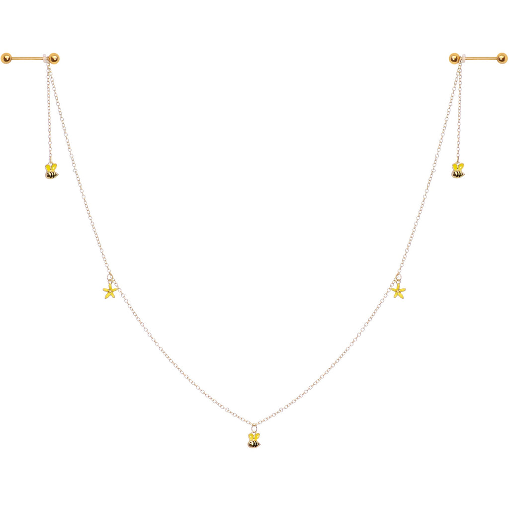 14G 9/16 Gold Tone Yellow Flower Bee Dangle Nipple Chain