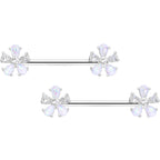 14G 9/16 White Faux Opal Flower Barbell Nipple Ring Set