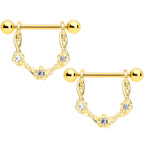 14G 5/8 Clear Gem Gold Tone Flower Dangle Nipple Ring Set