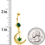 Green Gem Gold Tone Marijuana Pot Leaf Moon Dangle Belly Ring