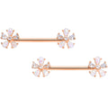 14G 9/16 White Faux Opal Rose Gold Tone Flower Barbell Nipple Set