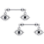 14G 9/16 Clear Black Gem Open Eye Dangle Nipple Ring Set