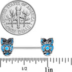 14G 9/16 Black Gem Ornate Blue Orb Owl Barbell Nipple Ring Set