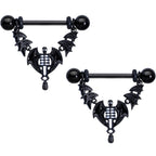 14G 9/16 Black Winged Skeleton Halloween Dangle Nipple Ring Set