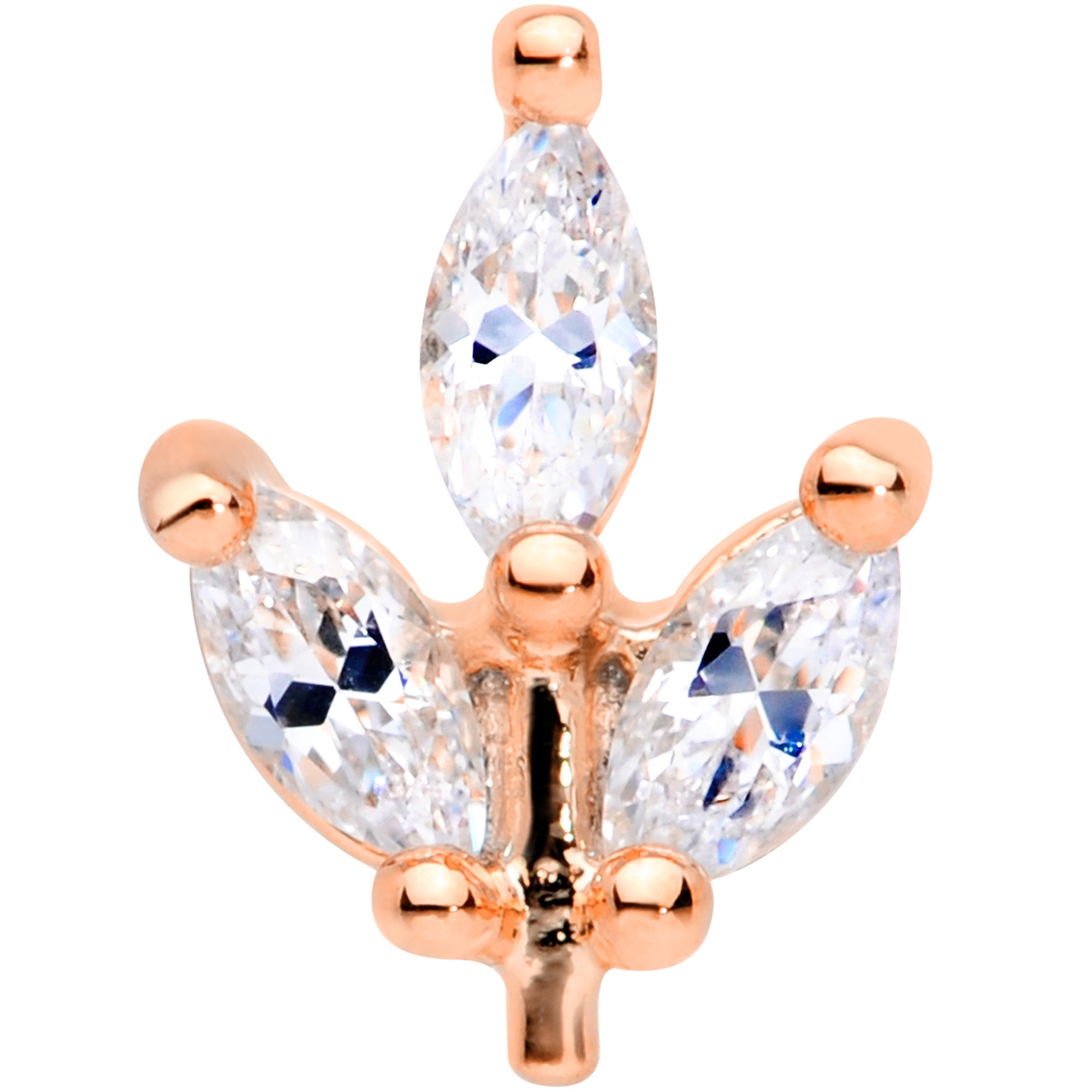 16G 1/4 CZ Rose Gold PVD Leaf Threadless Push In Labret Tragus