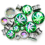 Green Hologram Marijuana Weed Leaf Screw Fit Plug Set 6G to 1 Inch