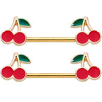 14G 9/16 Gold Tone Charming Cherries Barbell Nipple Ring Set