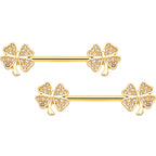 14G 9/16 Clear Gem Gold Tone Shamrock Barbell Nipple Ring Set