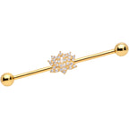 14G Clear CZ Gem Gold Tone Lotus Flower Industrial Barbell 38mm