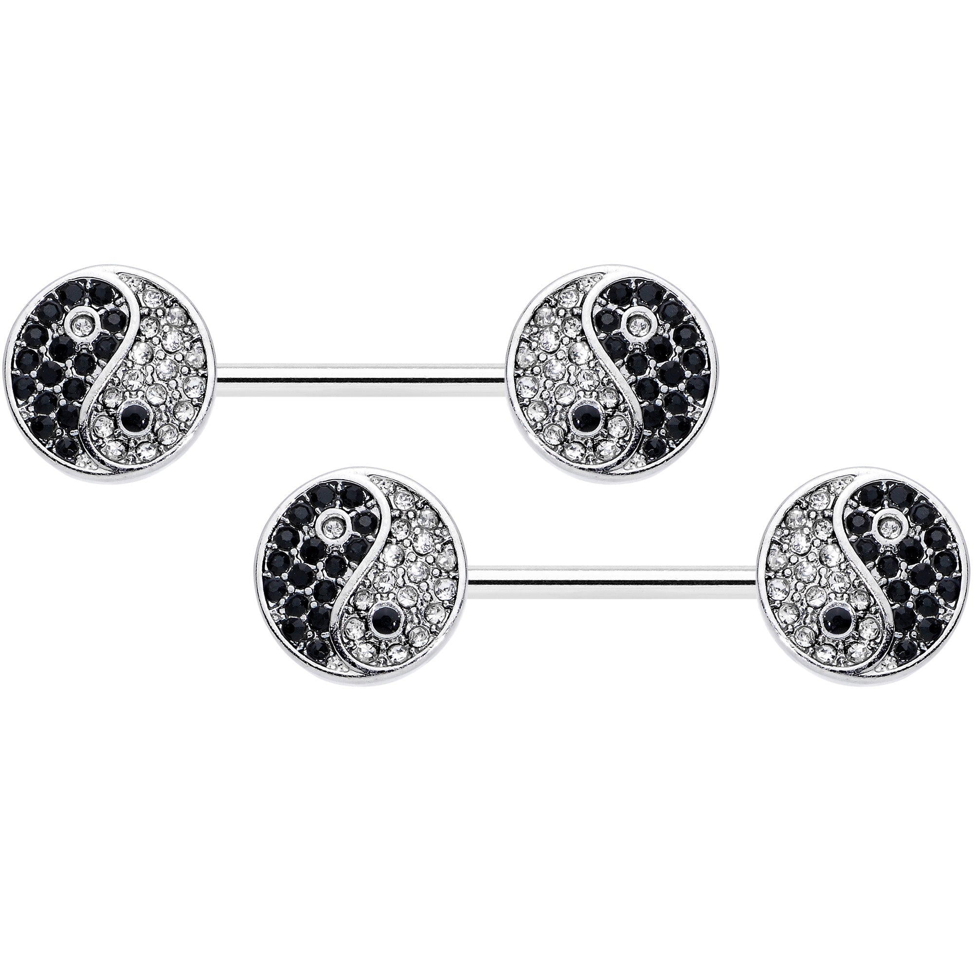 14G 9/16 Clear Black Gem Yin Yang Barbell Nipple Ring Set