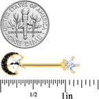 14G 5/8 Clear CZ Gem Gold Tone Black Moon Barbell Nipple Ring Set
