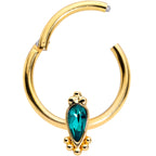 16G 3/8 Green Gem Gold Tone Teardrop Hinged Segment Ring
