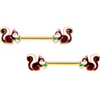 14G 9/16 Gold Tone Snacking Squirrel Barbell Nipple Ring Set
