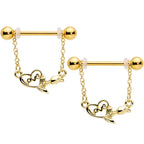 14G 11/16 Gold Tone Love Rose Dangle Nipple Ring Set
