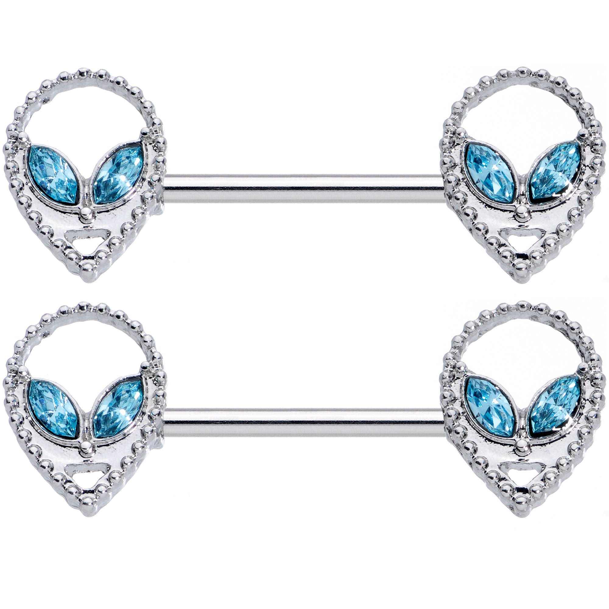 14G 5/8 Aqua Gem Hollow Alien Barbell Nipple Ring Set