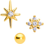 16G 5/16 Clear CZ Gem Gold Tone Stars Labret Tragus Set of 3