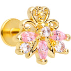 16G 1/4 Clear Pink CZ Gem Gold Tone Looping Labret Monroe Tragus