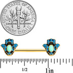 14G 9/16 Gold Tone Aqua Ornate Hamsa Hand Barbell Nipple Ring Set